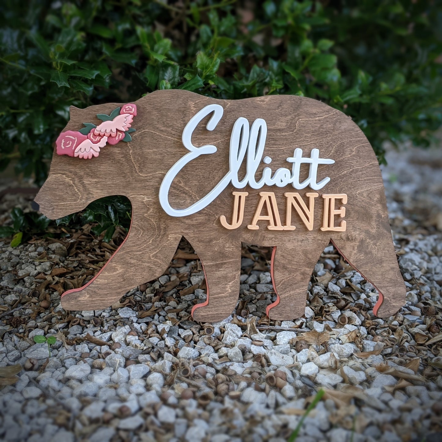 Deluxe 3D custom bear shaped name sign with flower crown