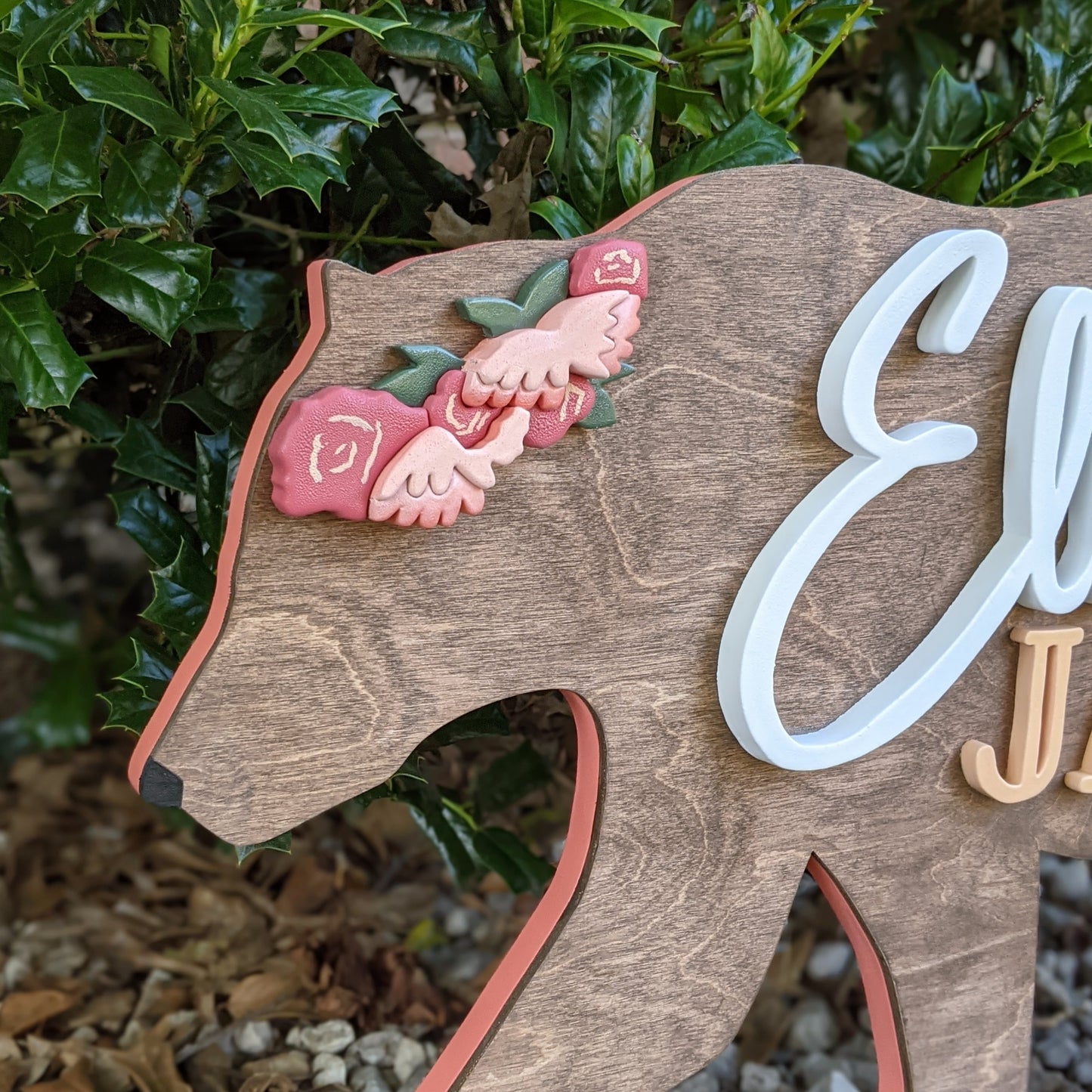 Deluxe 3D custom bear shaped name sign with flower crown