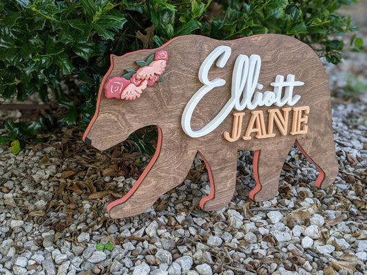 Deluxe 3D custom bear shaped name sign with flower crown